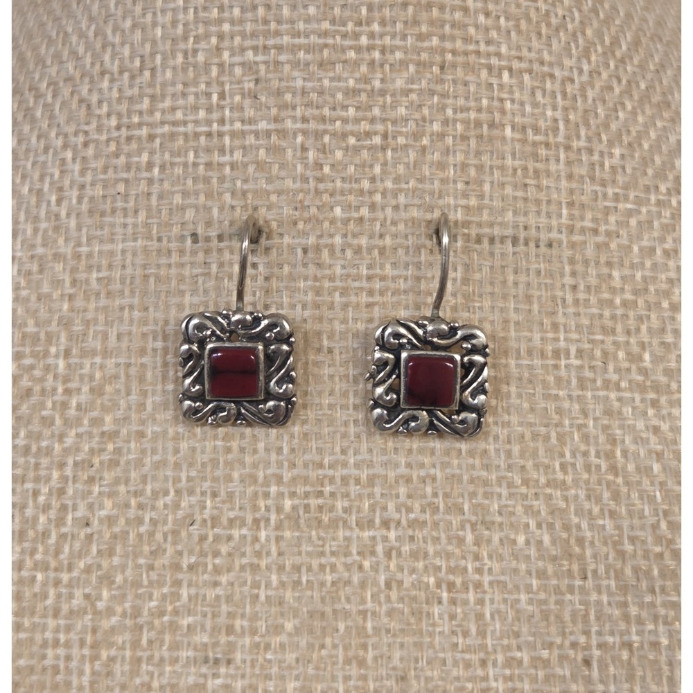 Vintage Mexican Sterling Silver Red Jasper Square Dangle Hook Earrings ATI 925